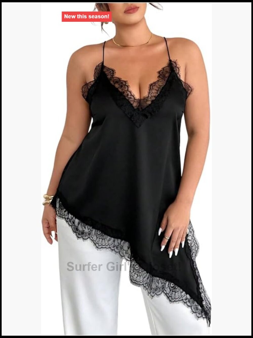 Plus Size Lace Trim Asymmetrical Camisole Sleeveless Tank Top